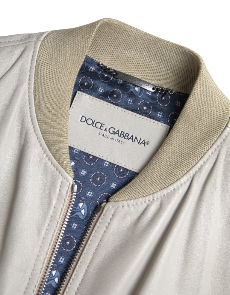Blouson aviateur en cuir crème entièrement zippé