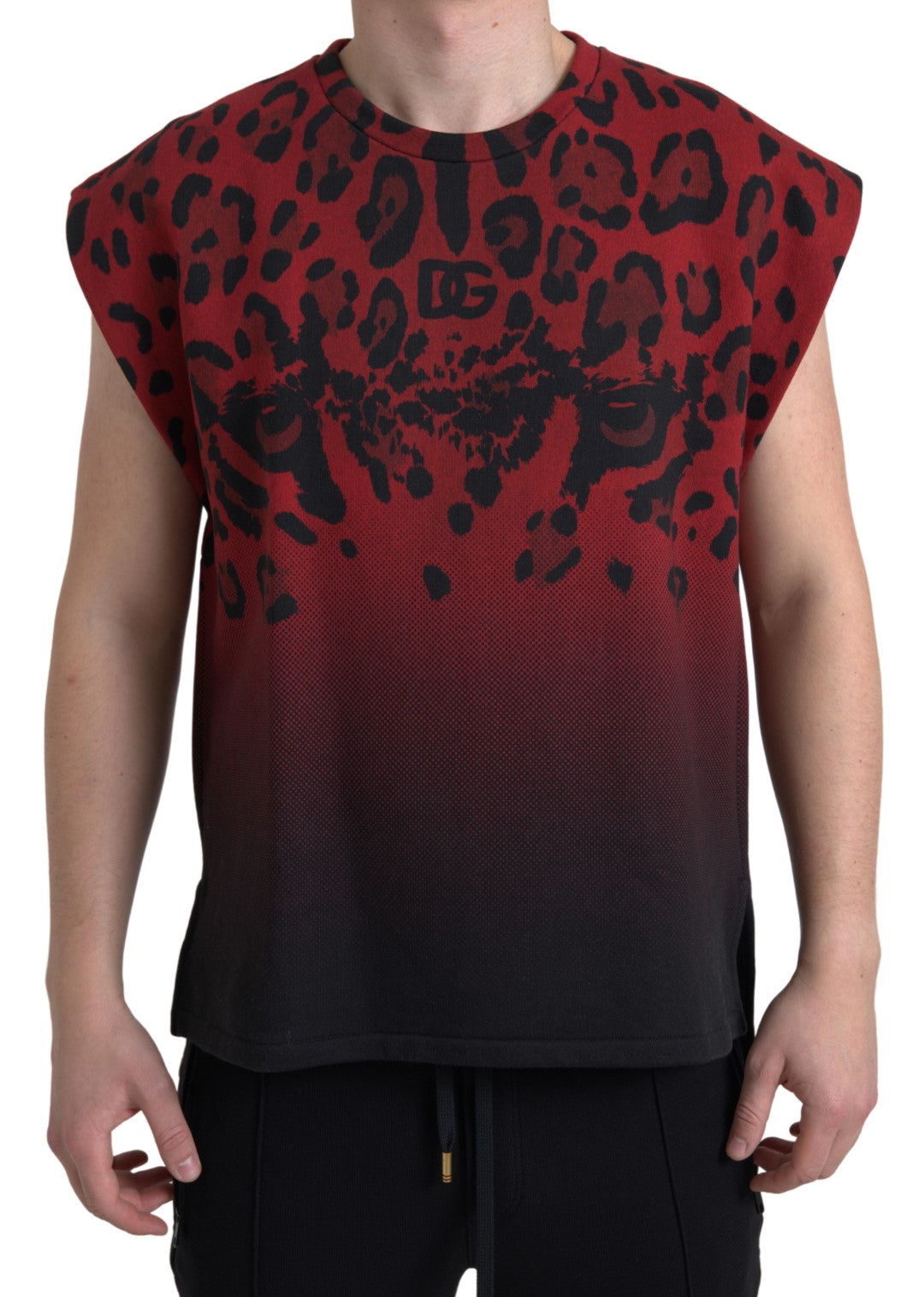T-shirt sans manches en coton à motif léopard rouge