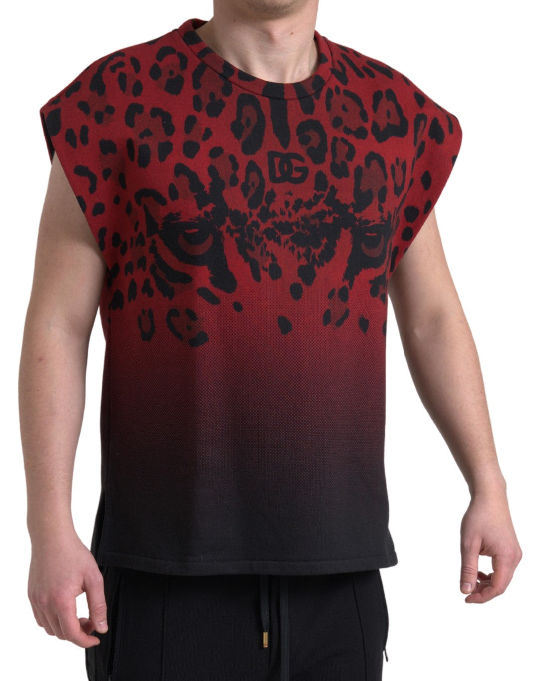 T-shirt sans manches en coton à motif léopard rouge