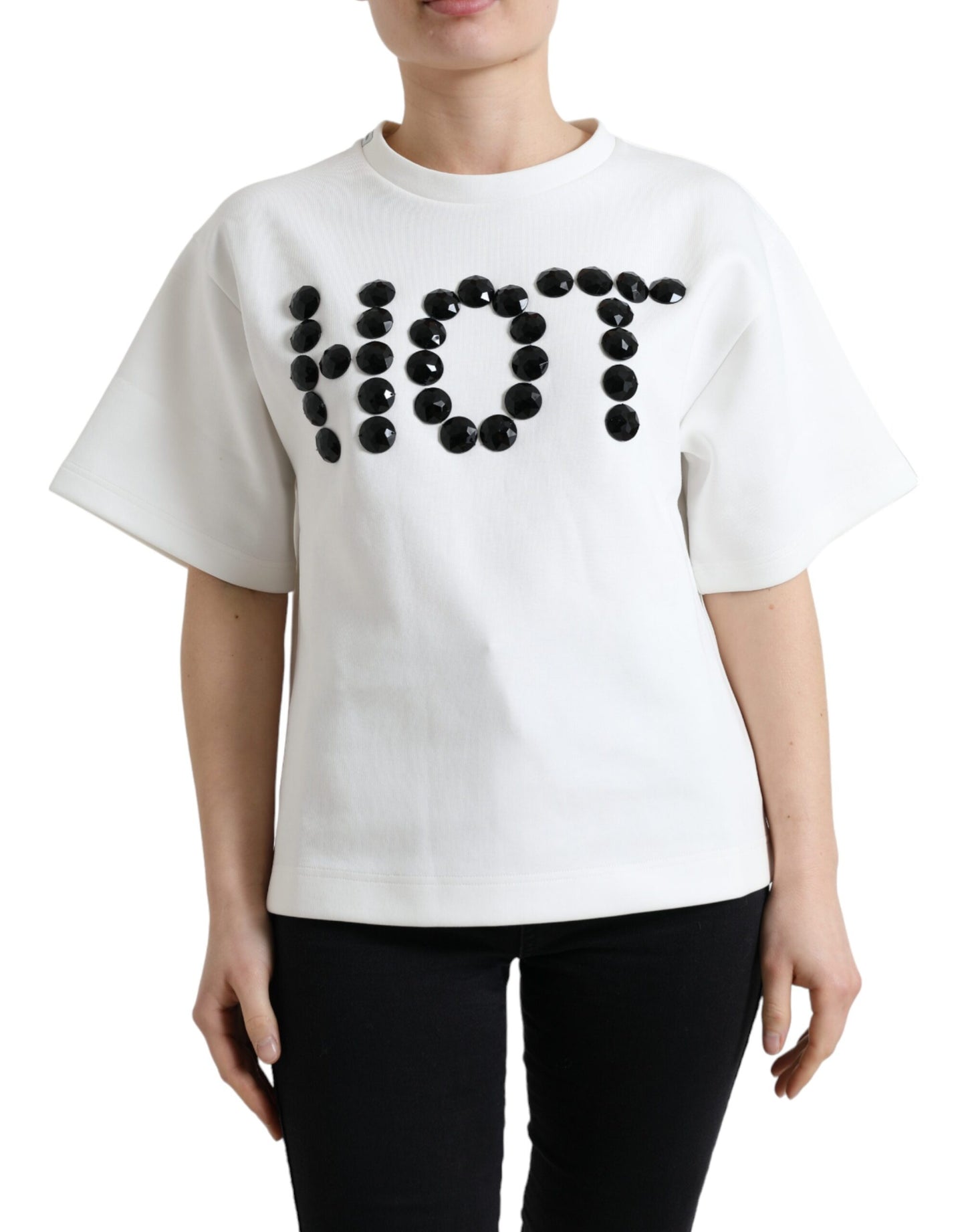 Camiseta de algodón elástico blanco y negro con cristales HOT