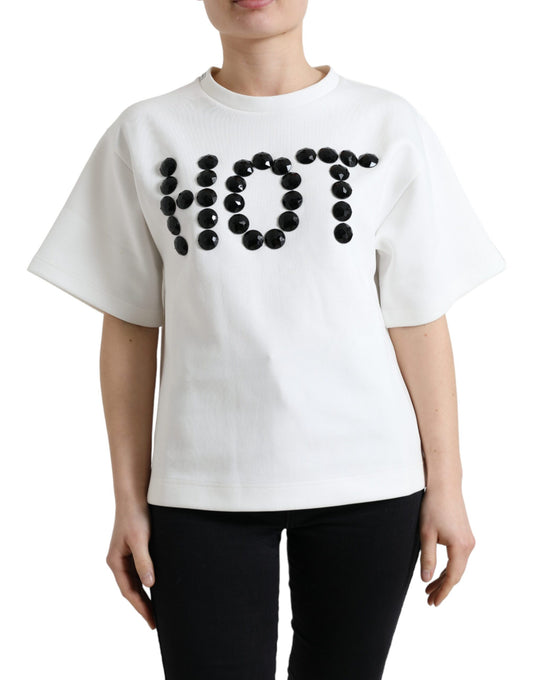 Camiseta de algodón elástico blanco y negro con cristales HOT