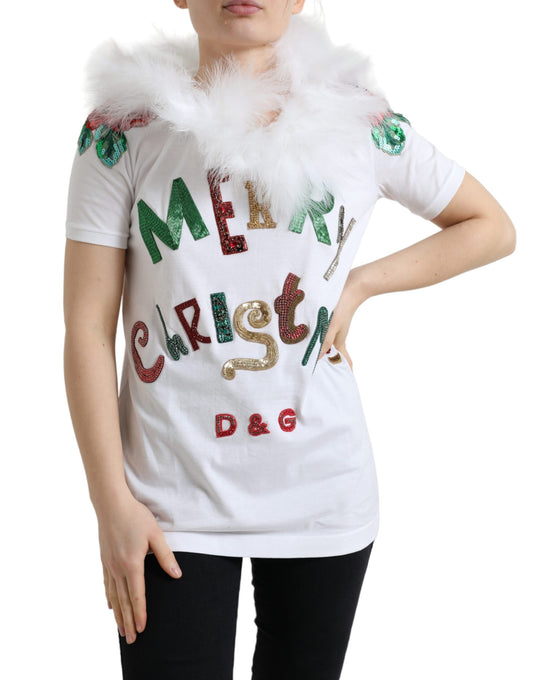 Camiseta navideña de algodón blanco con lentejuelas y pelo
