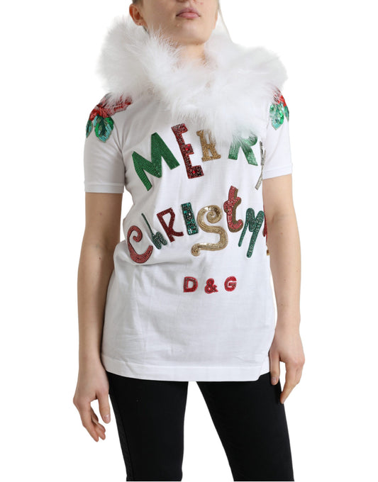 Camiseta navideña de algodón blanco con lentejuelas y pelo