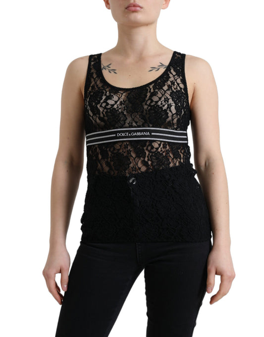 Camiseta sin mangas de encaje con rayas y logotipo negro