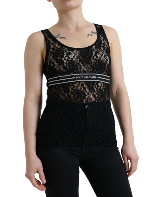 Camiseta sin mangas de encaje con rayas y logotipo negro