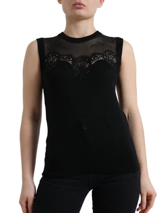 Camiseta sin mangas con ribete de encaje de cachemira negra