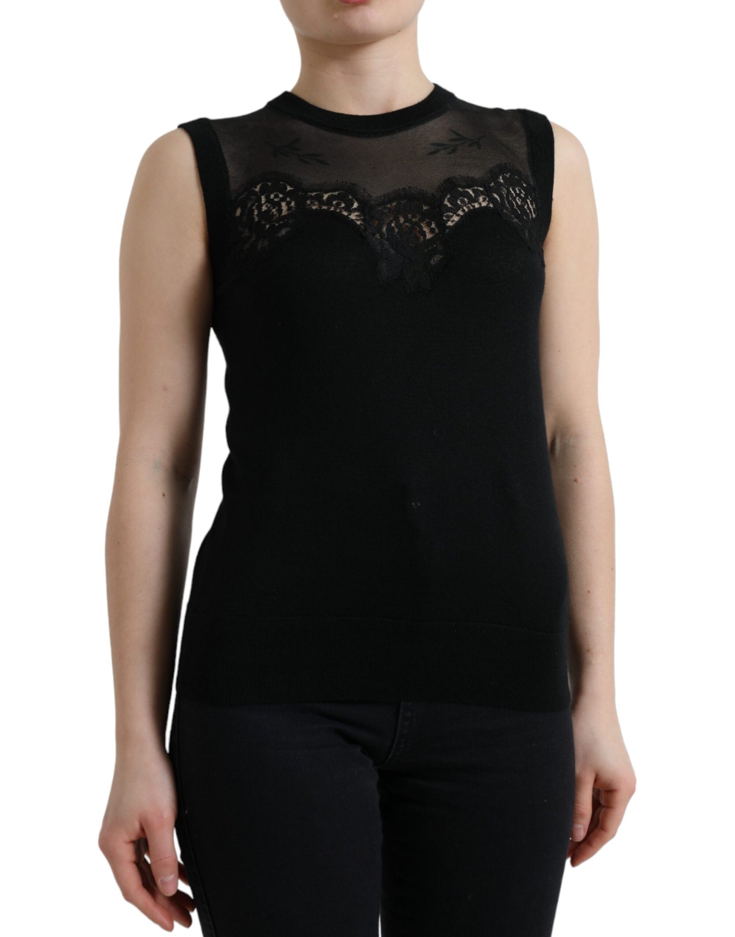 Camiseta sin mangas con ribete de encaje de cachemira negra