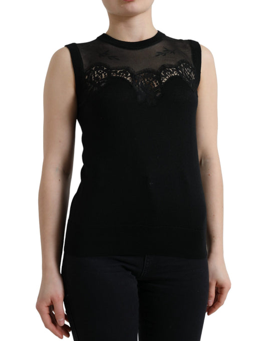 Camiseta sin mangas con ribete de encaje de cachemira negra