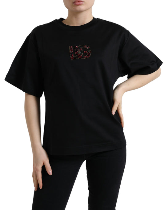 Camiseta de algodón negra con cuello redondo y cristales DG