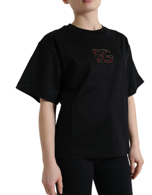 Camiseta de algodón negra con cuello redondo y cristales DG