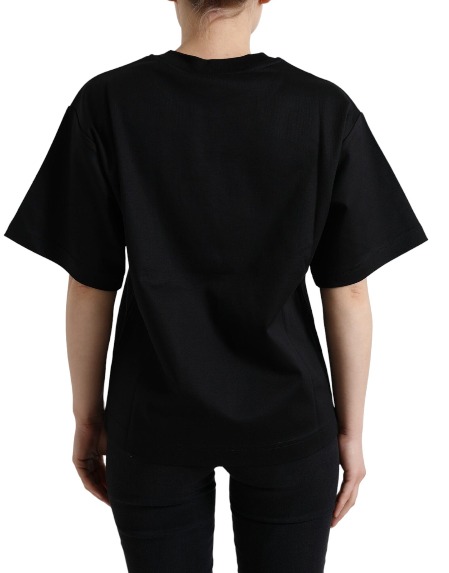 Camiseta de algodón negra con cuello redondo y cristales DG