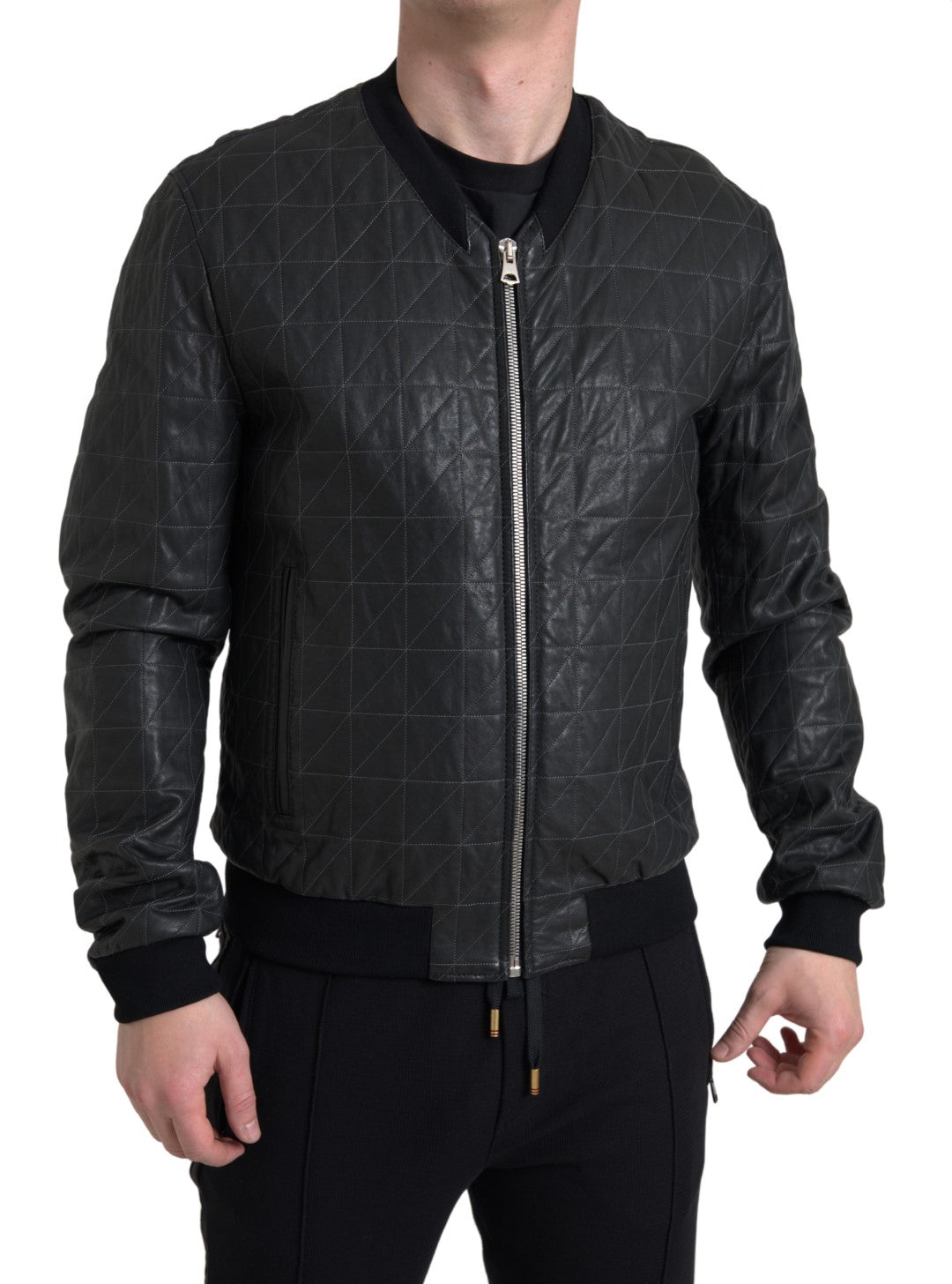 Blouson aviateur en cuir noir avec fermeture éclair intégrale