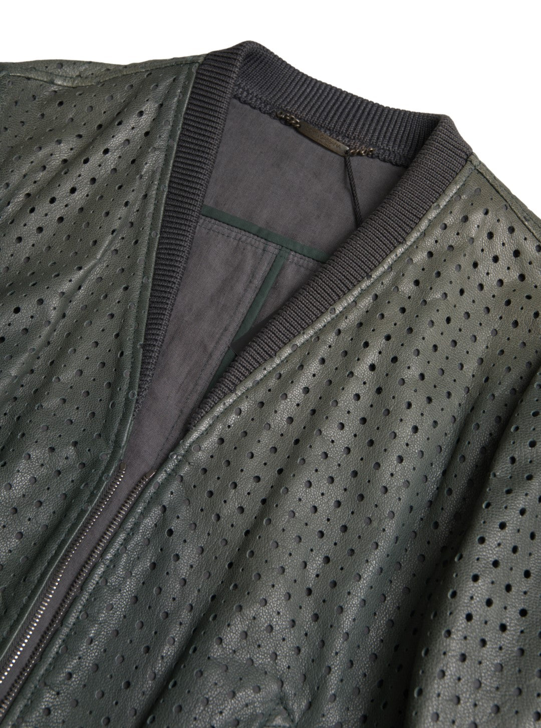 Blouson aviateur en cuir perforé vert