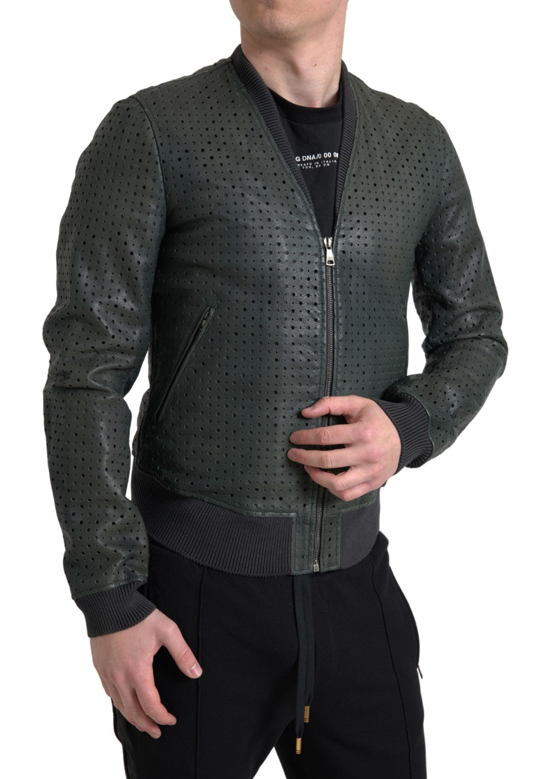 Blouson aviateur en cuir perforé vert