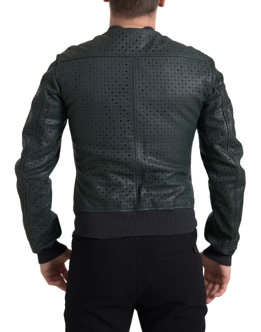 Blouson aviateur en cuir perforé vert