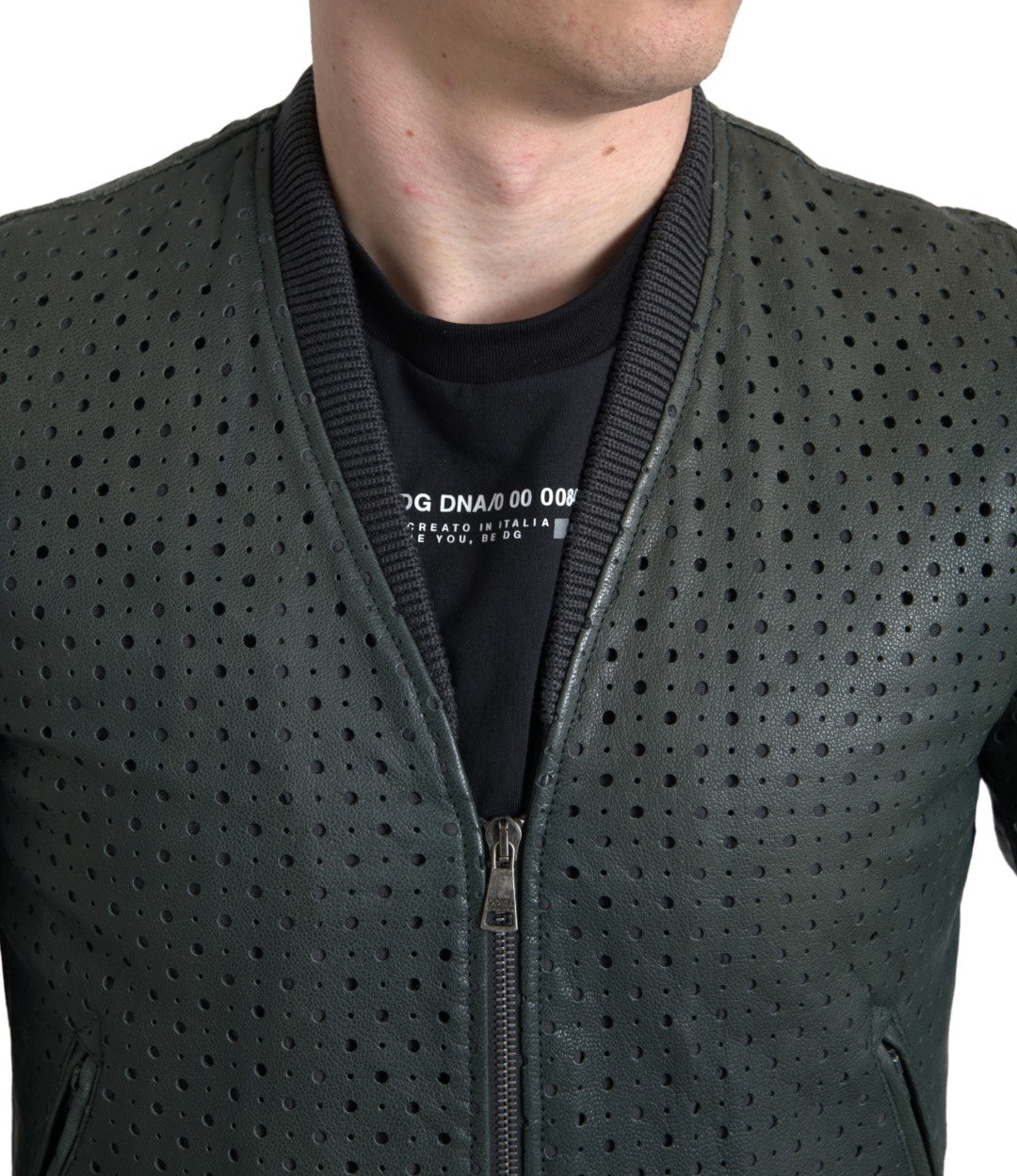 Blouson aviateur en cuir perforé vert