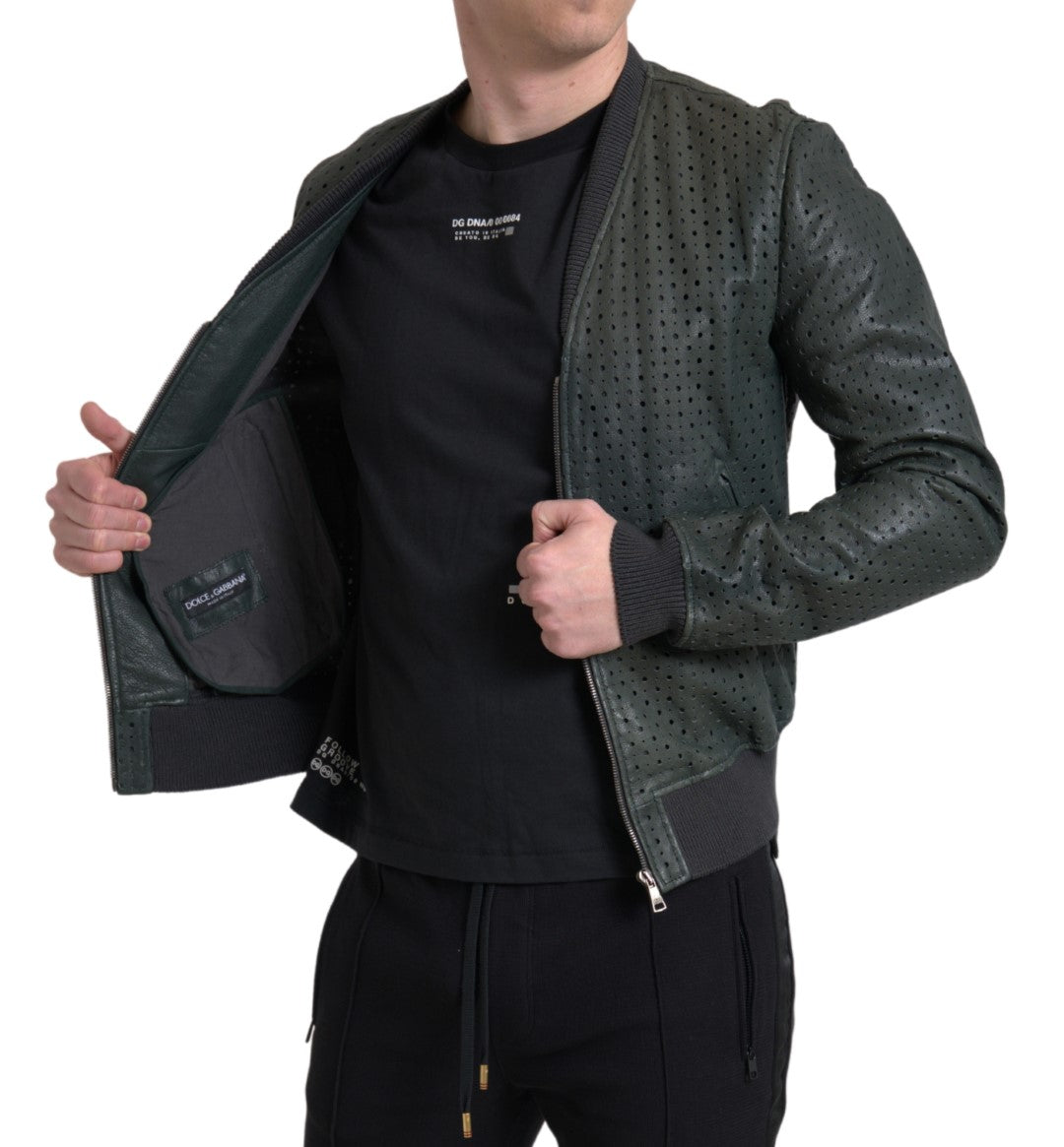 Blouson aviateur en cuir perforé vert