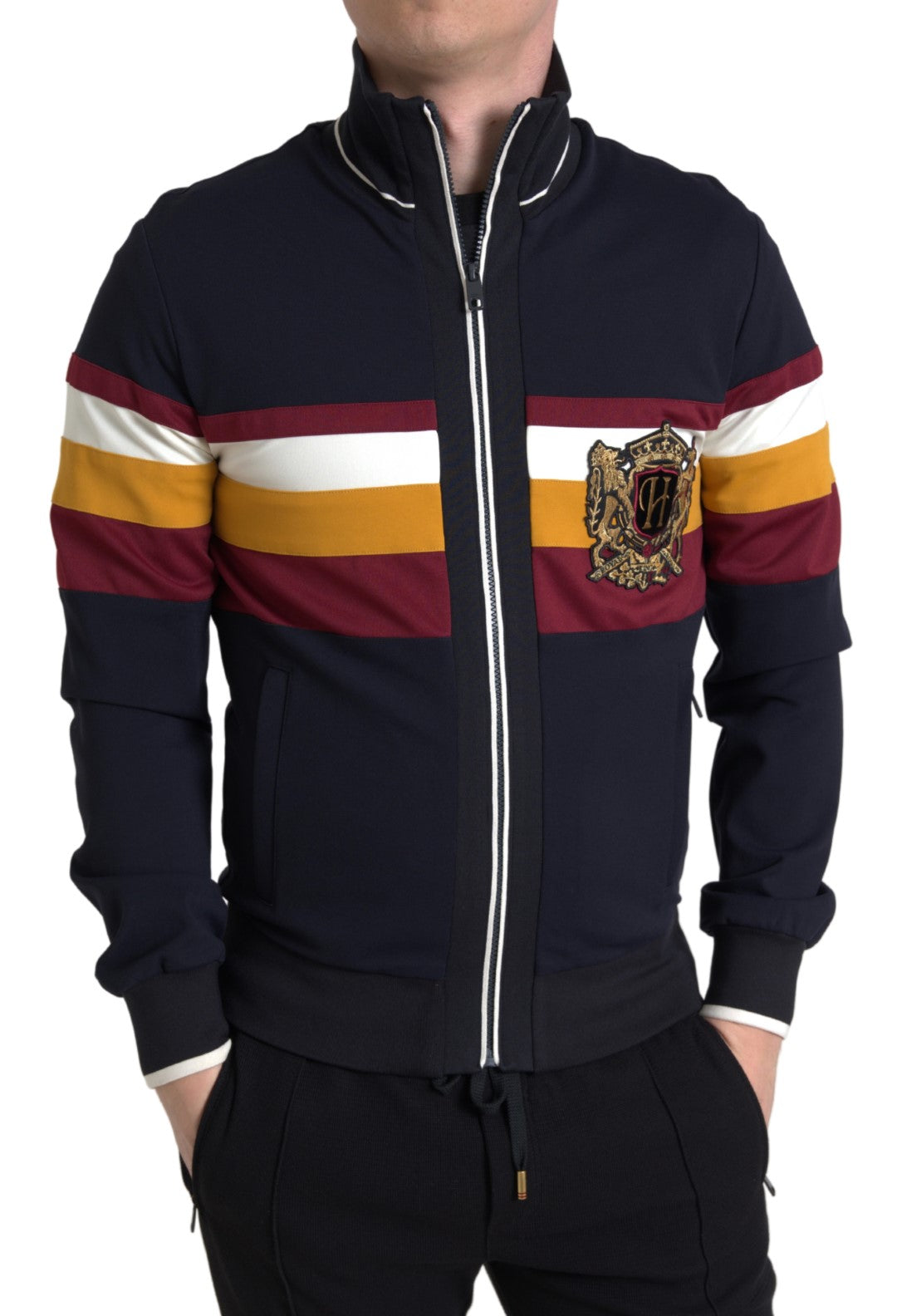 Pull zippé bleu à motif héraldique