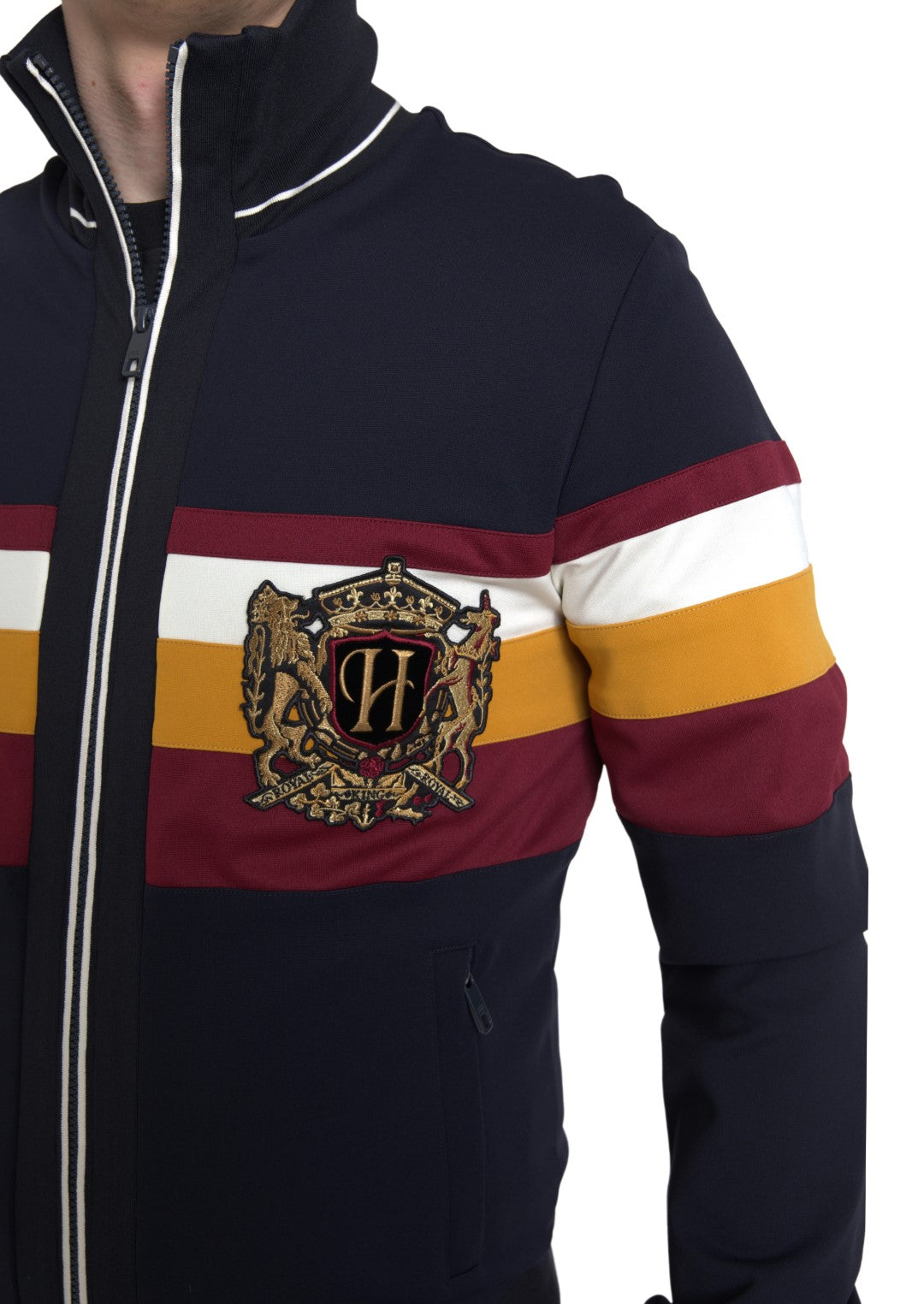 Pull zippé bleu à motif héraldique