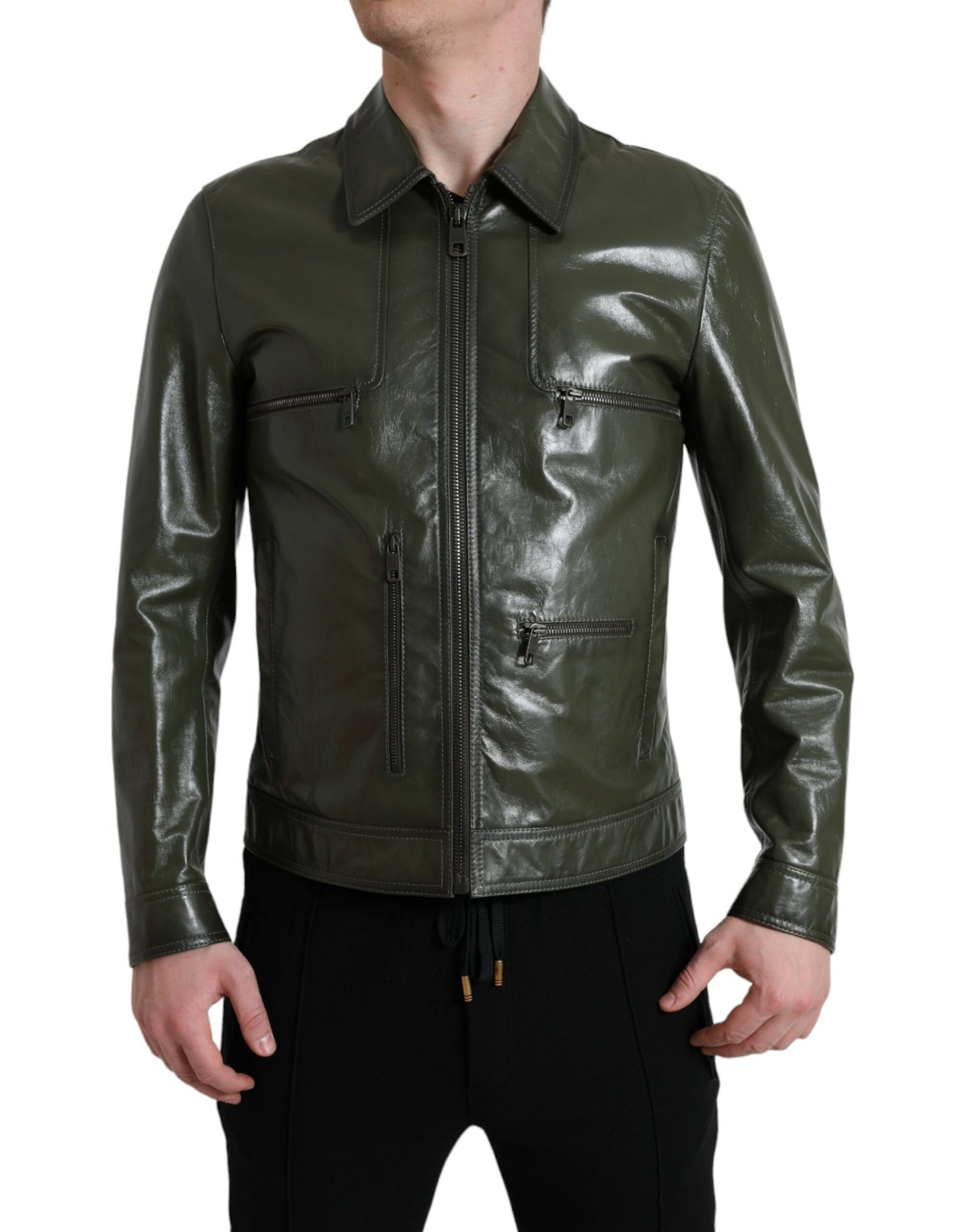 Veste de motard entièrement zippée en cuir vert avec col