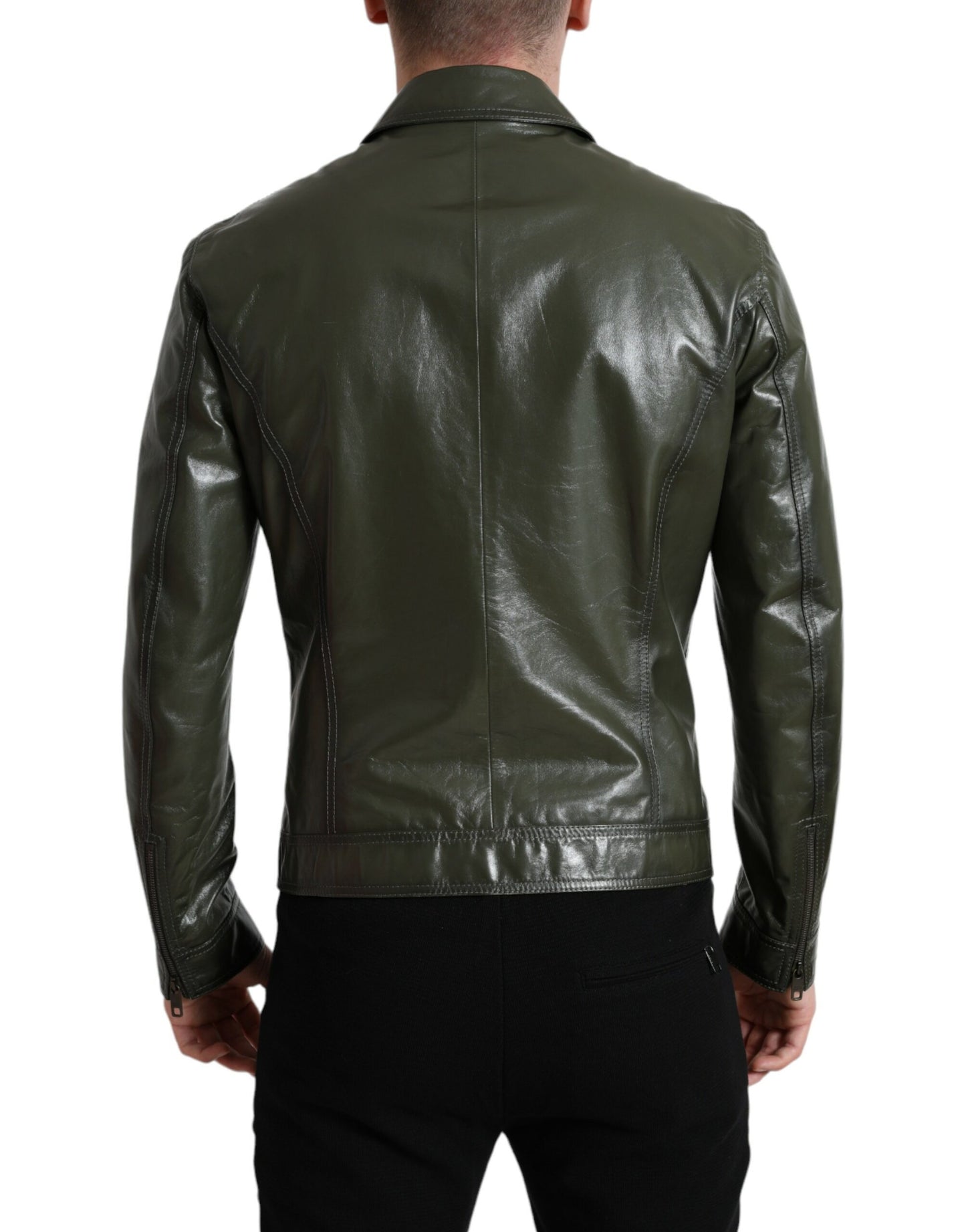 Veste de motard entièrement zippée en cuir vert avec col