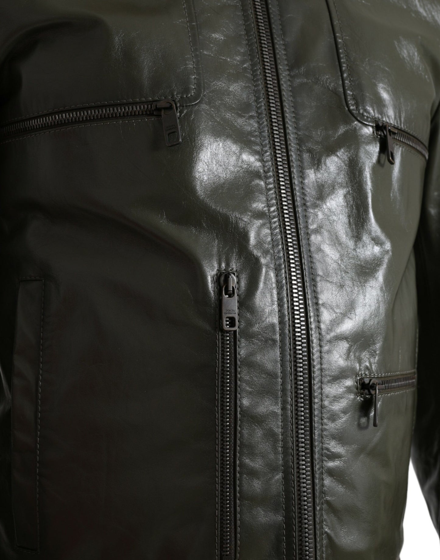 Veste de motard entièrement zippée en cuir vert avec col