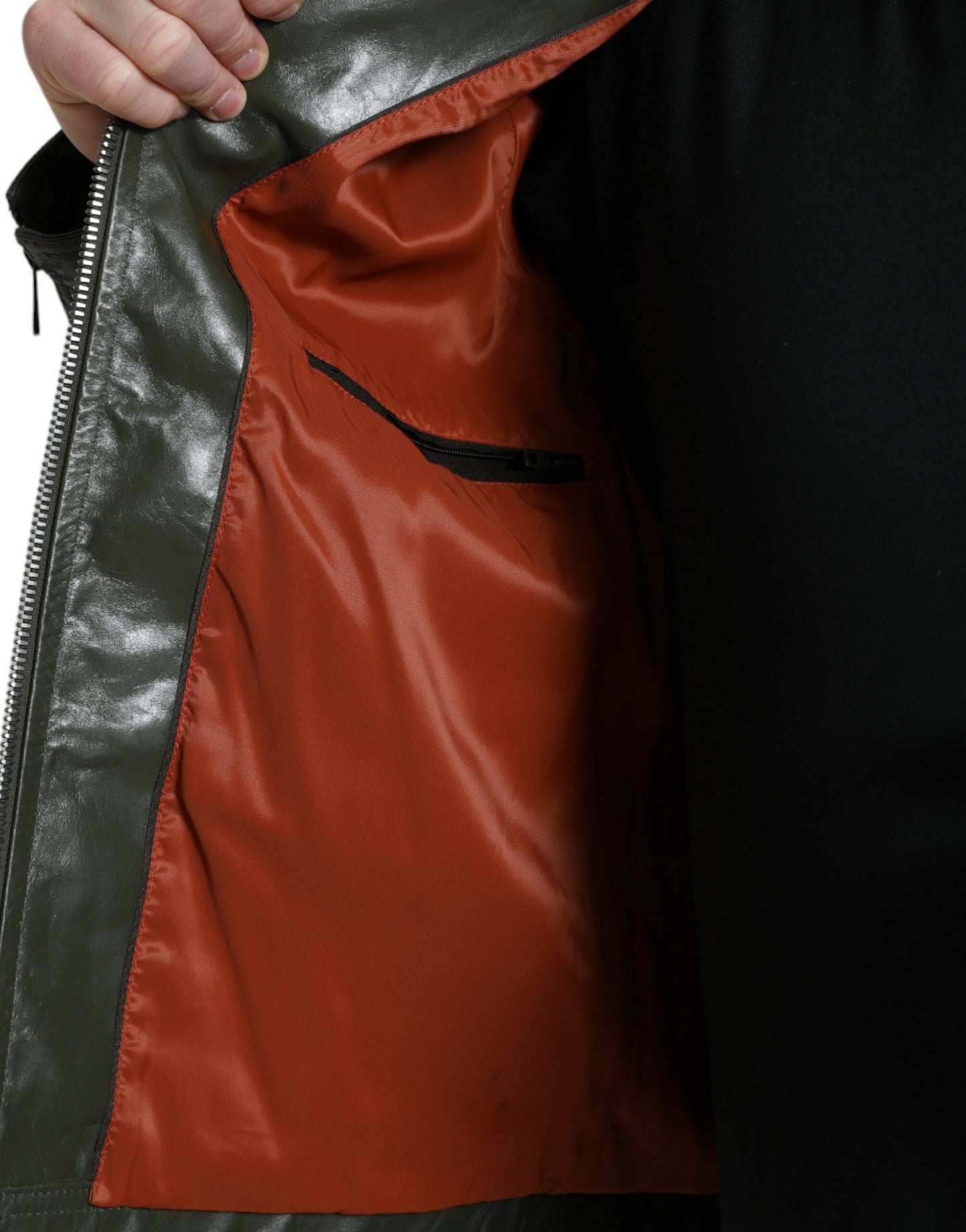 Veste de motard entièrement zippée en cuir vert avec col