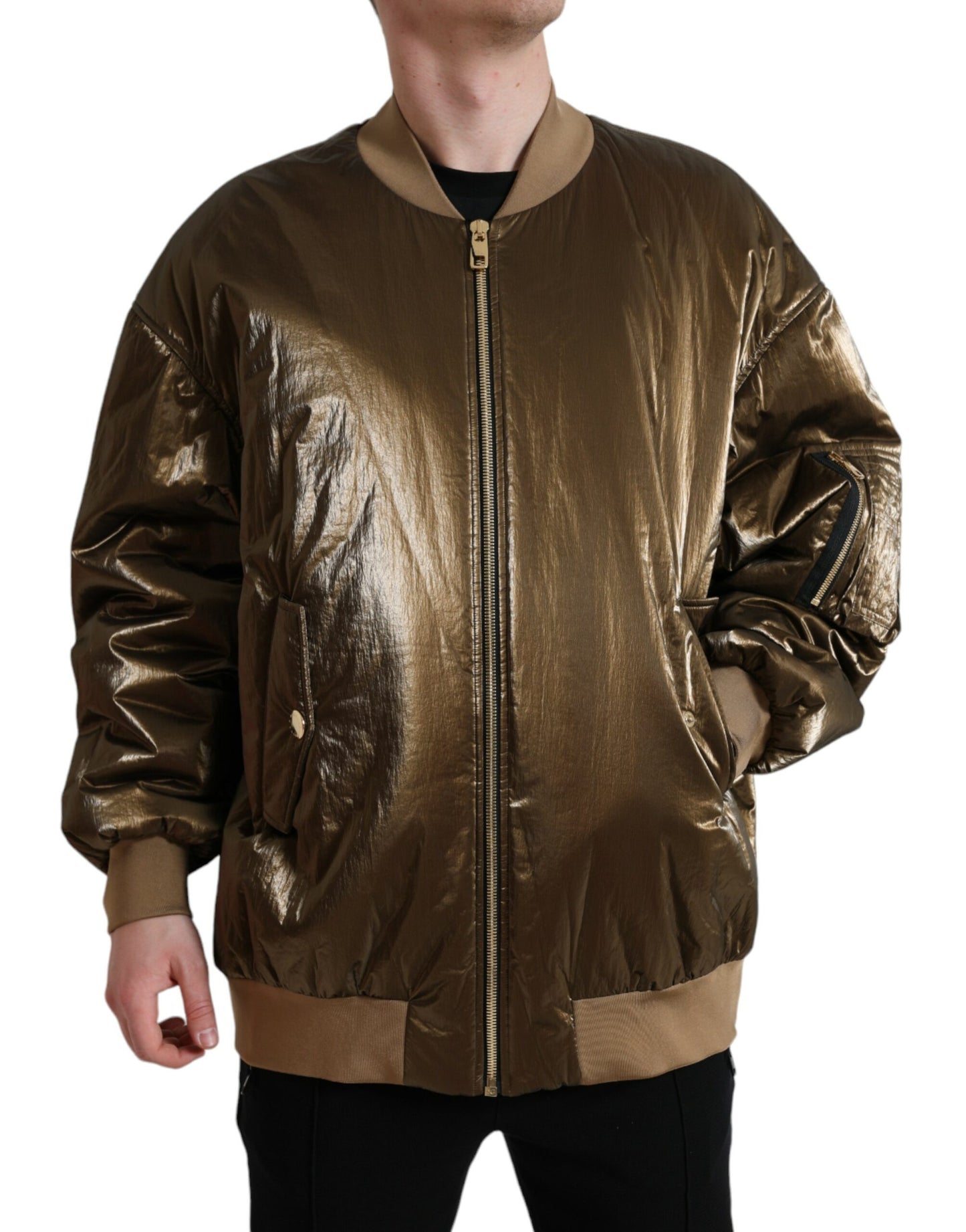 Blouson aviateur zippé en nylon bronze pour homme