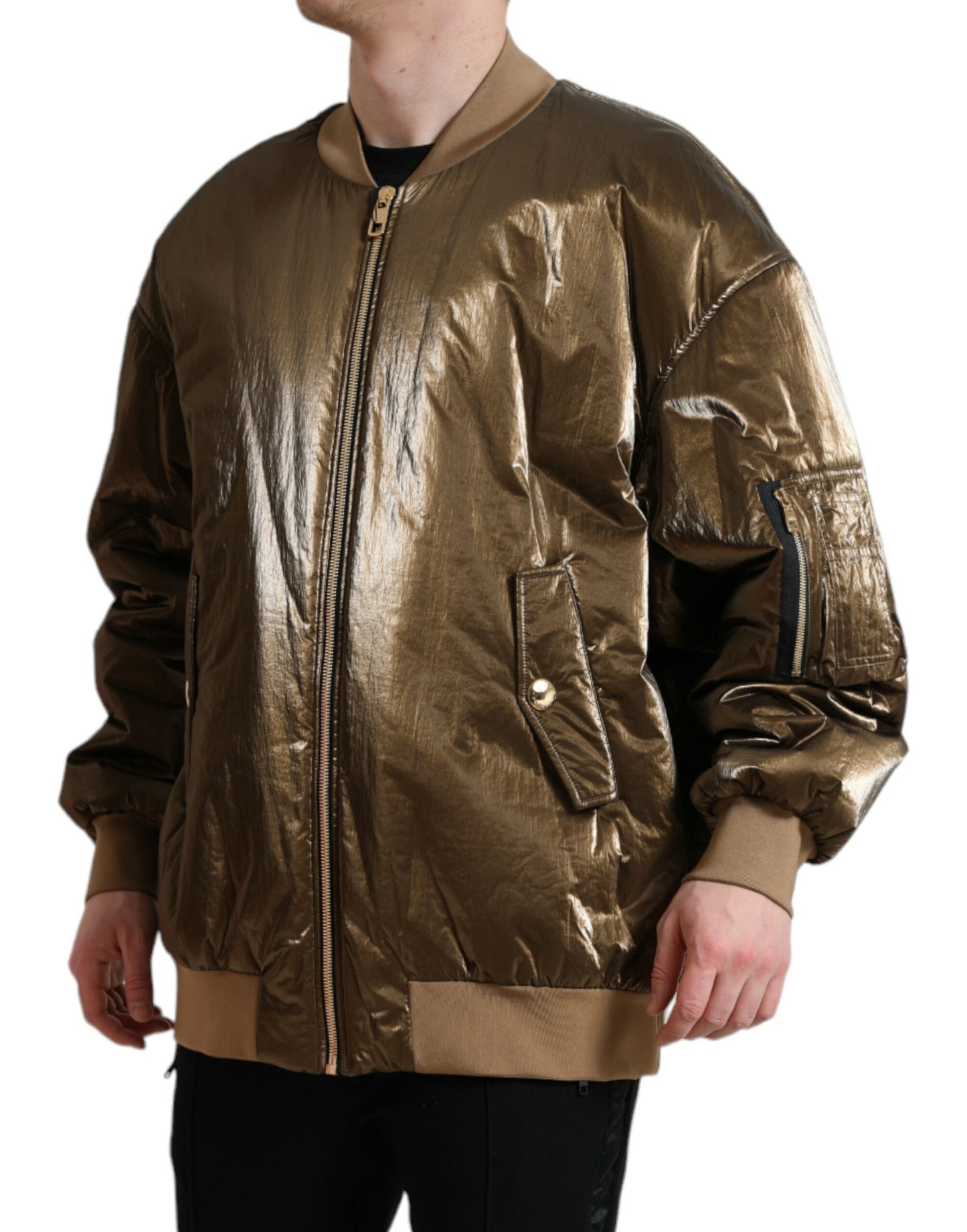 Blouson aviateur zippé en nylon bronze pour homme