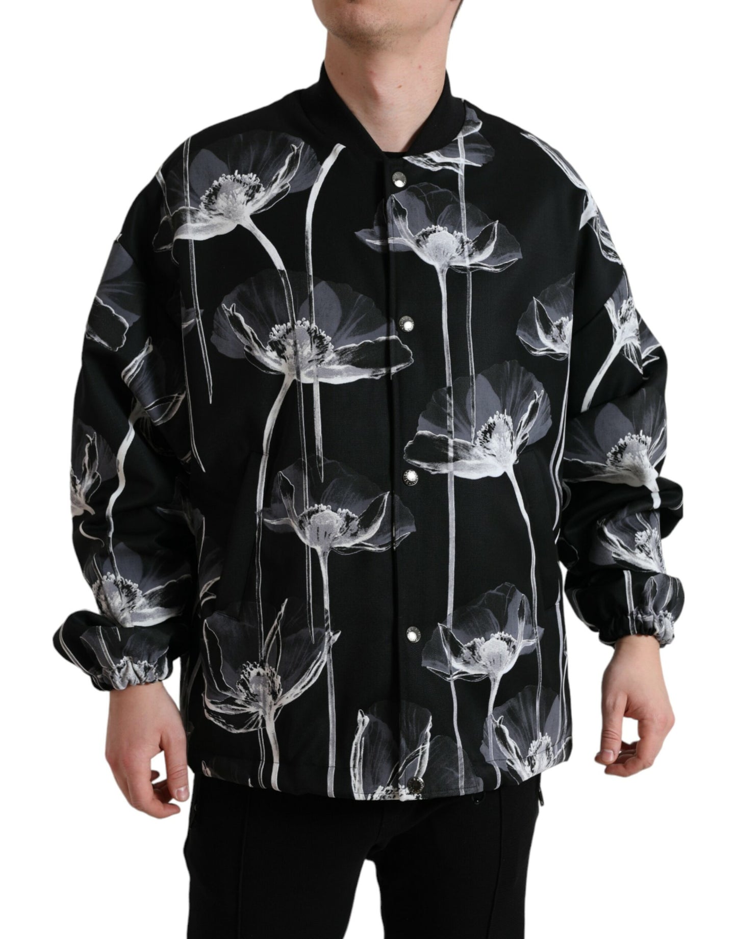 Blouson aviateur boutonné en laine à imprimé floral noir