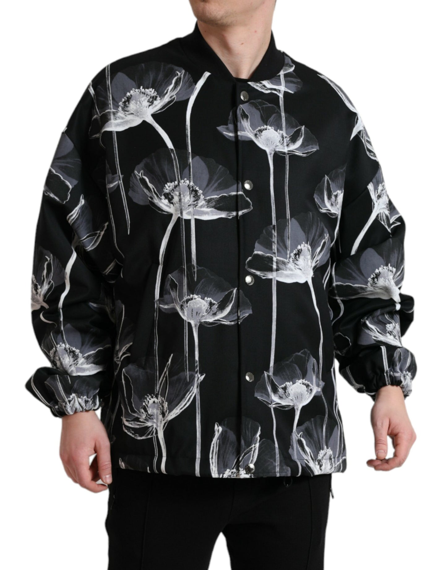 Blouson aviateur boutonné en laine à imprimé floral noir