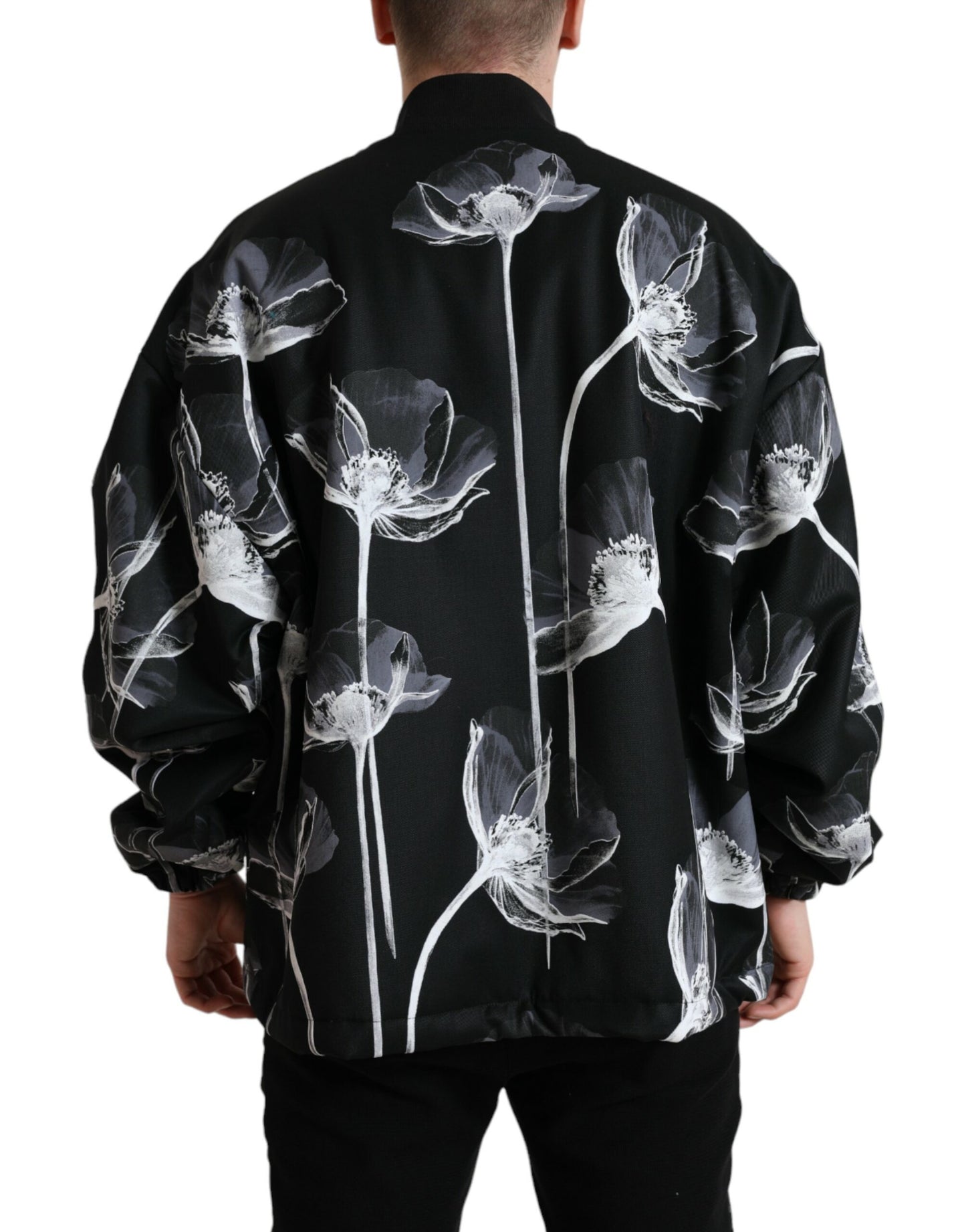 Blouson aviateur boutonné en laine à imprimé floral noir