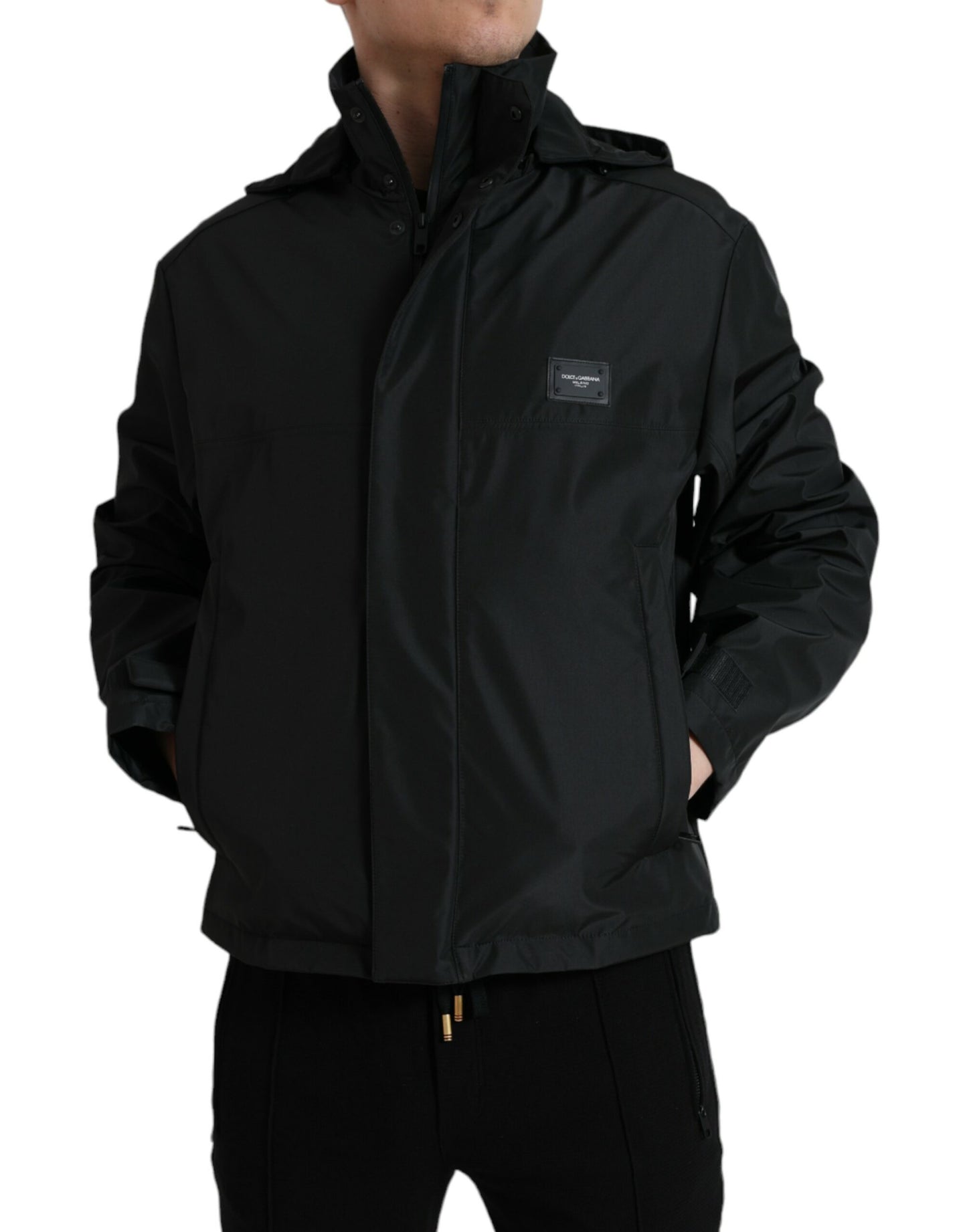 Veste à capuche avec plaque logo en polyester noir