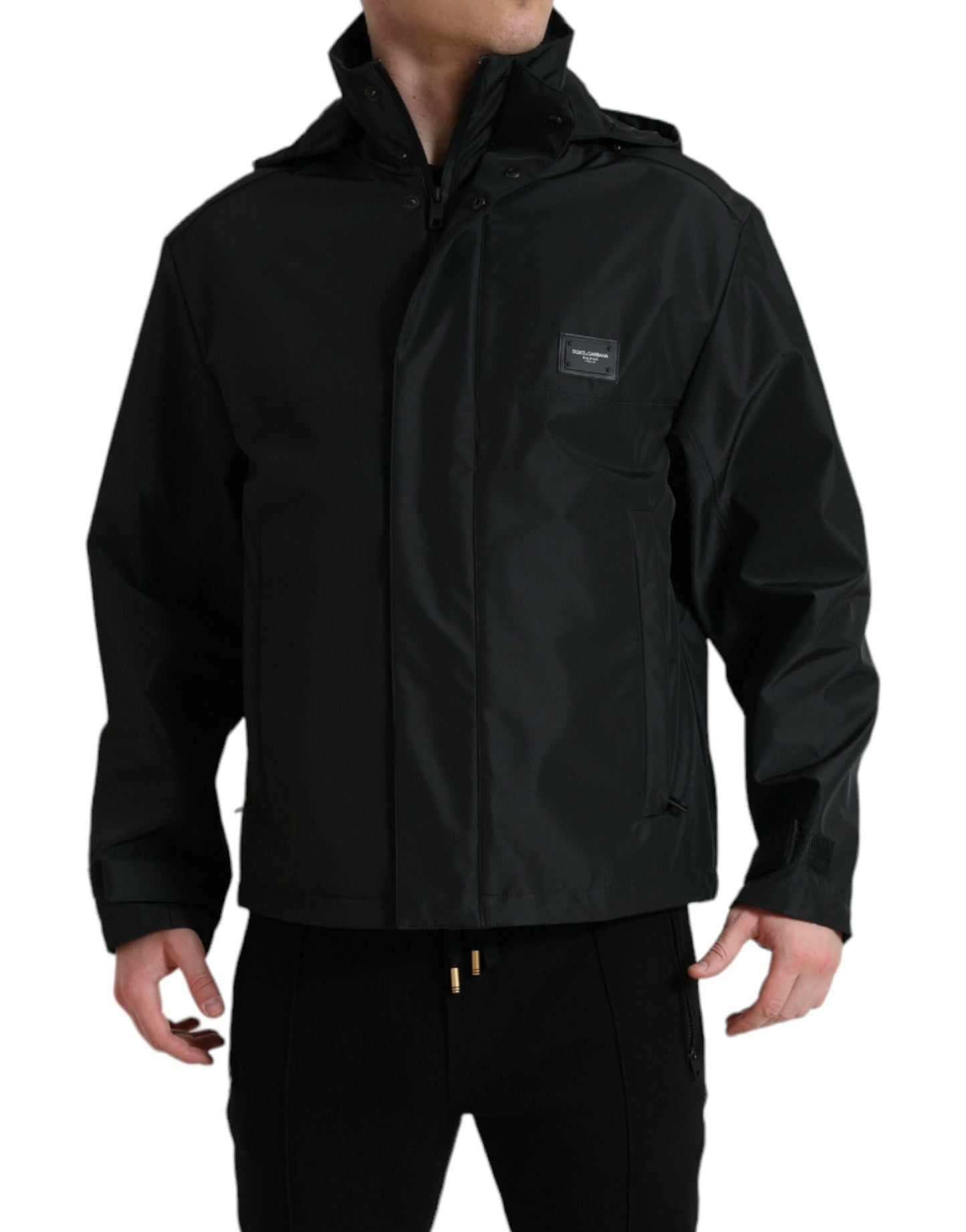 Veste à capuche avec plaque logo en polyester noir