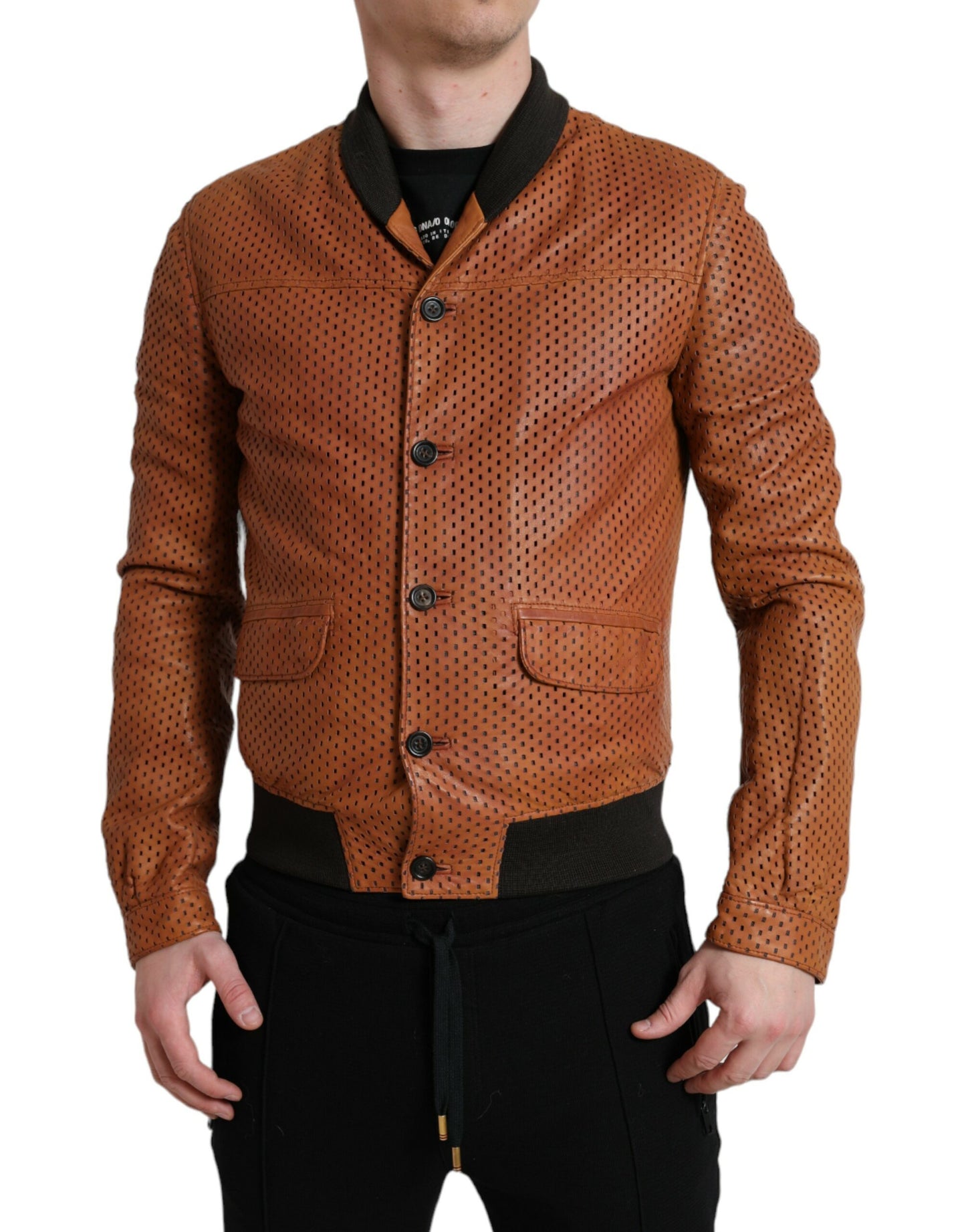 Veste en cuir d'agneau marron perforé