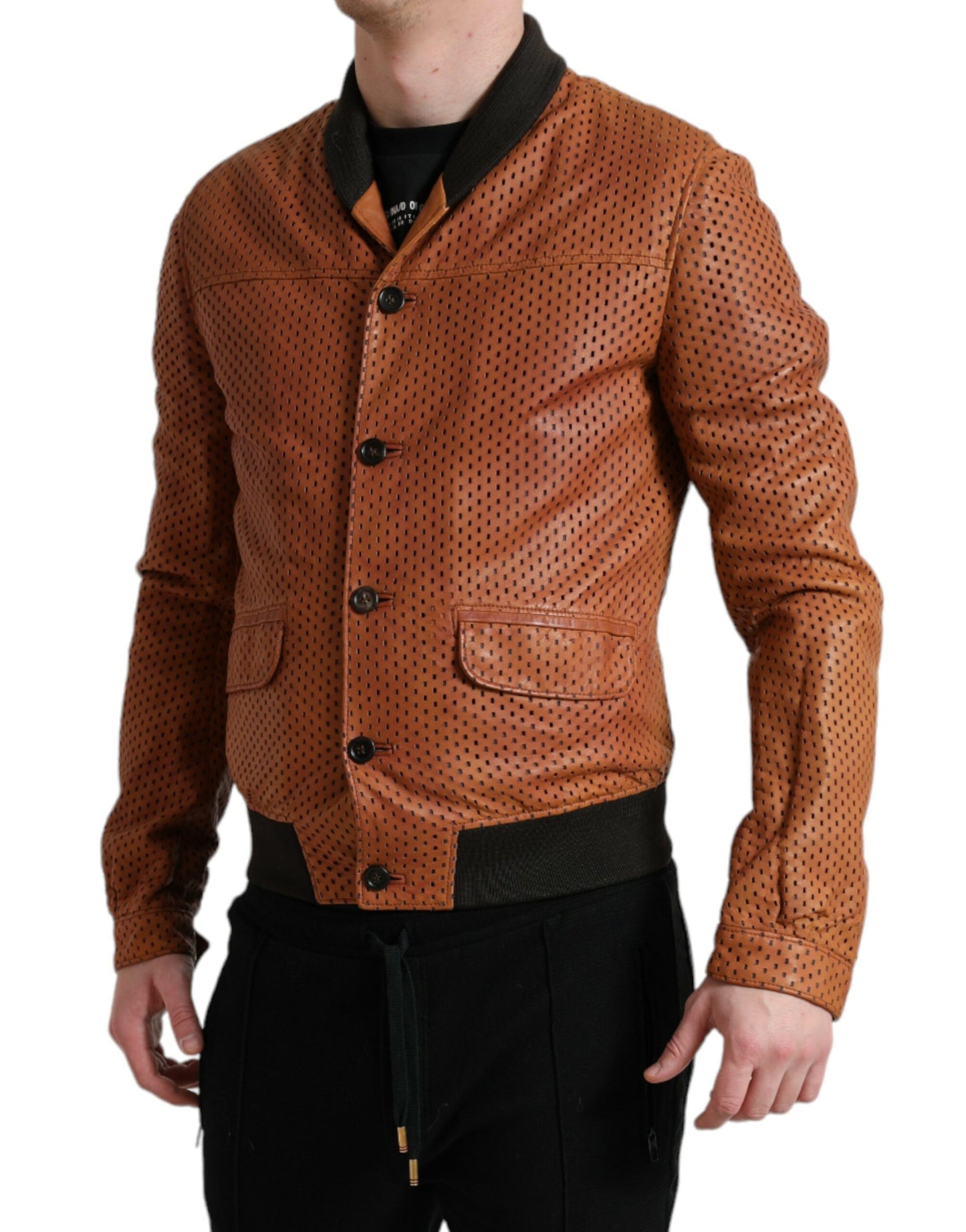 Veste en cuir d'agneau marron perforé