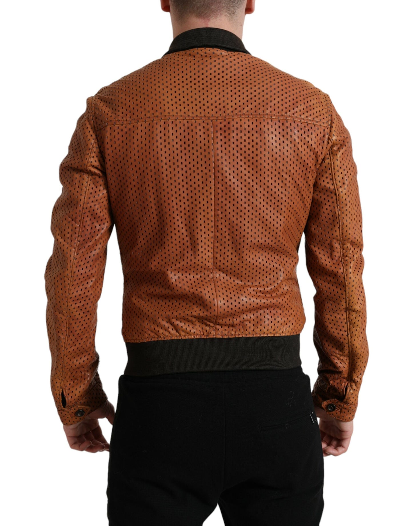 Veste en cuir d'agneau marron perforé