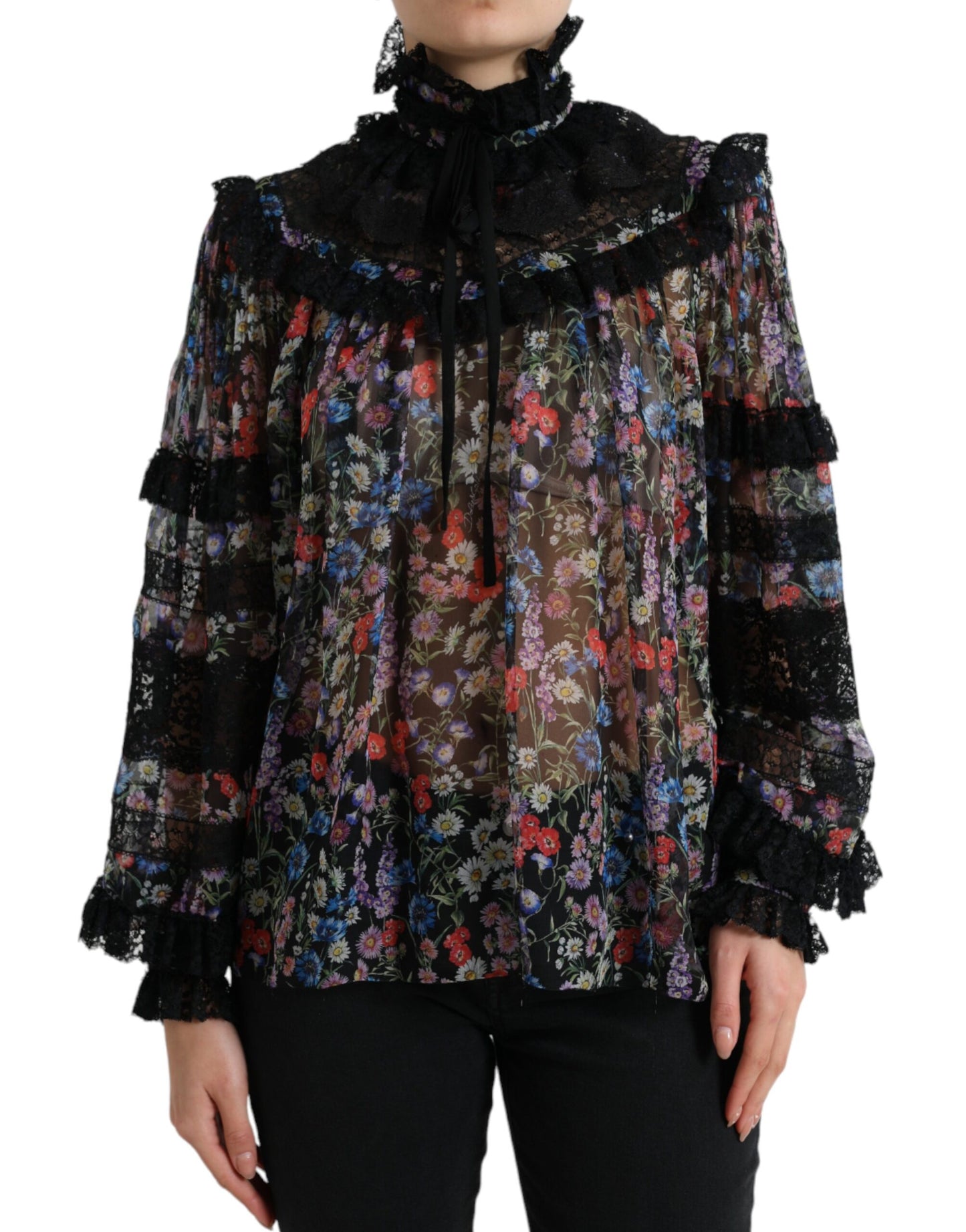 Blusa de manga larga con estampado floral negro
