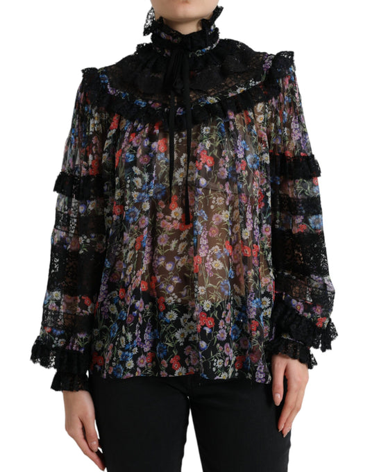Blusa de manga larga con estampado floral negro