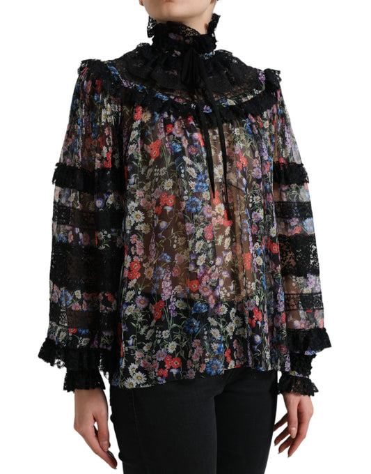 Blusa de manga larga con estampado floral negro
