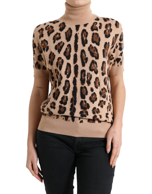 Top de cuello alto de lana con estampado de leopardo beige