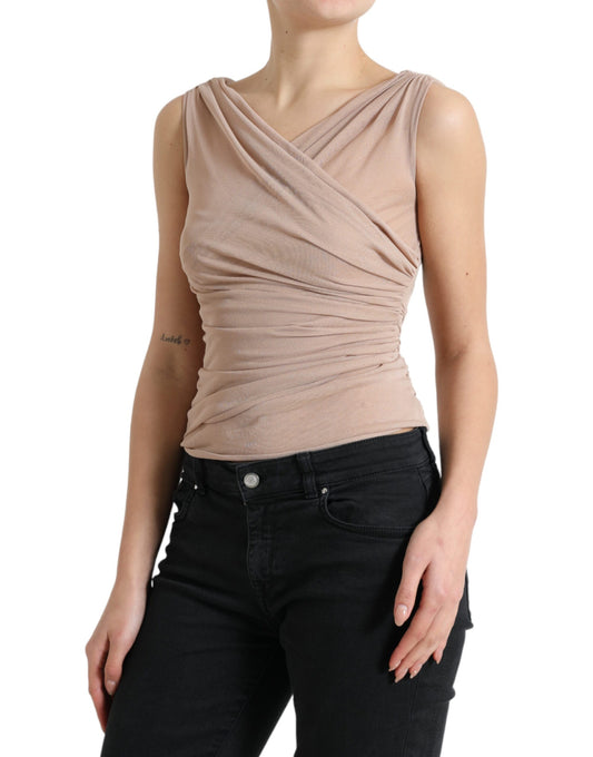 Camiseta sin mangas con cuello en V de viscosa beige