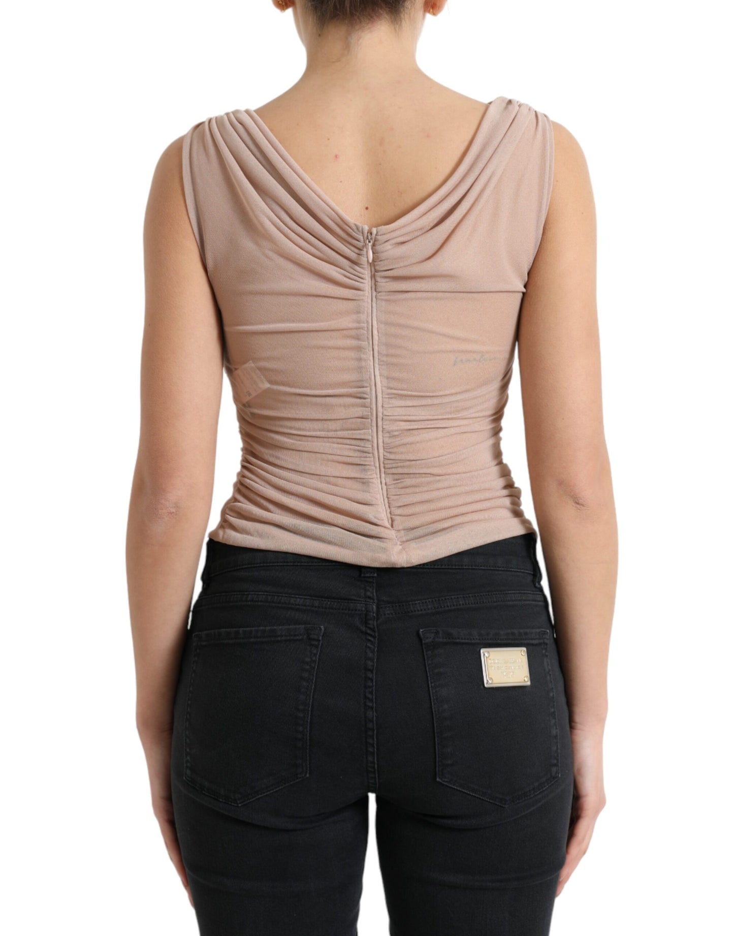 Camiseta sin mangas con cuello en V de viscosa beige