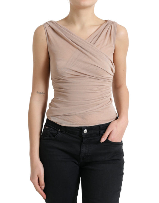 Camiseta sin mangas con cuello en V de viscosa beige