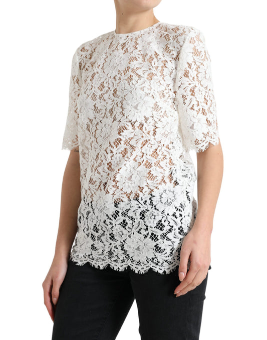 Blusa de algodón con cuello redondo y encaje floral blanco