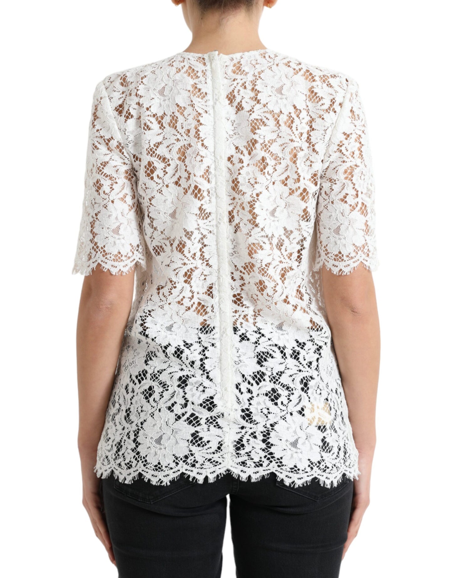 Blusa de algodón con cuello redondo y encaje floral blanco