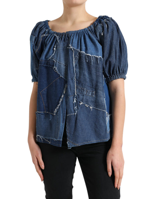 Blusa vaquera de manga corta con patchwork azul