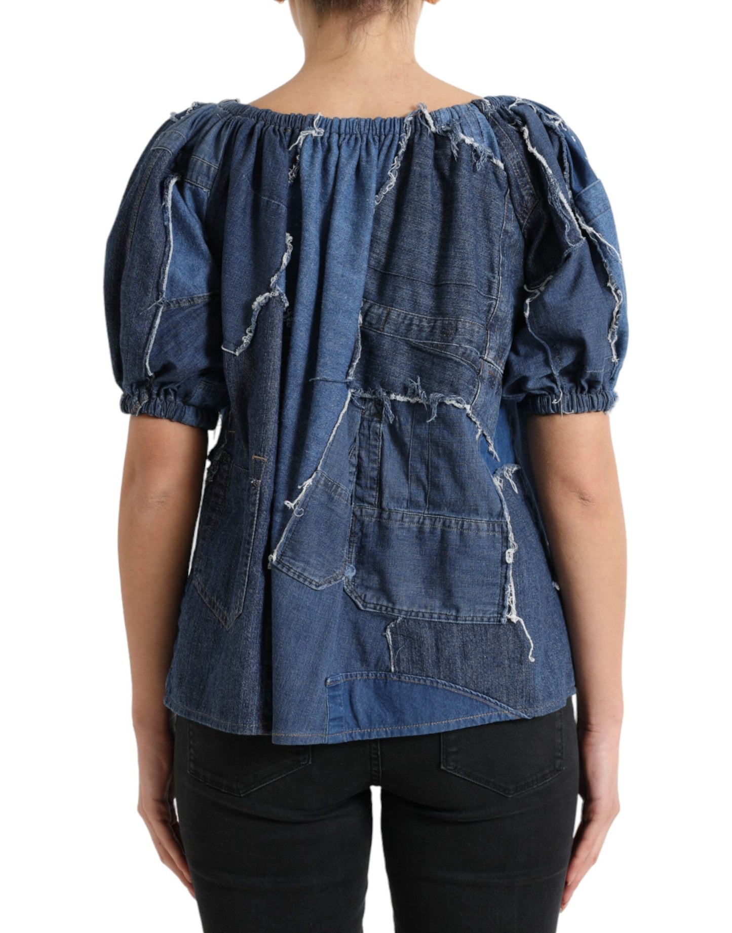 Blusa vaquera de manga corta con patchwork azul