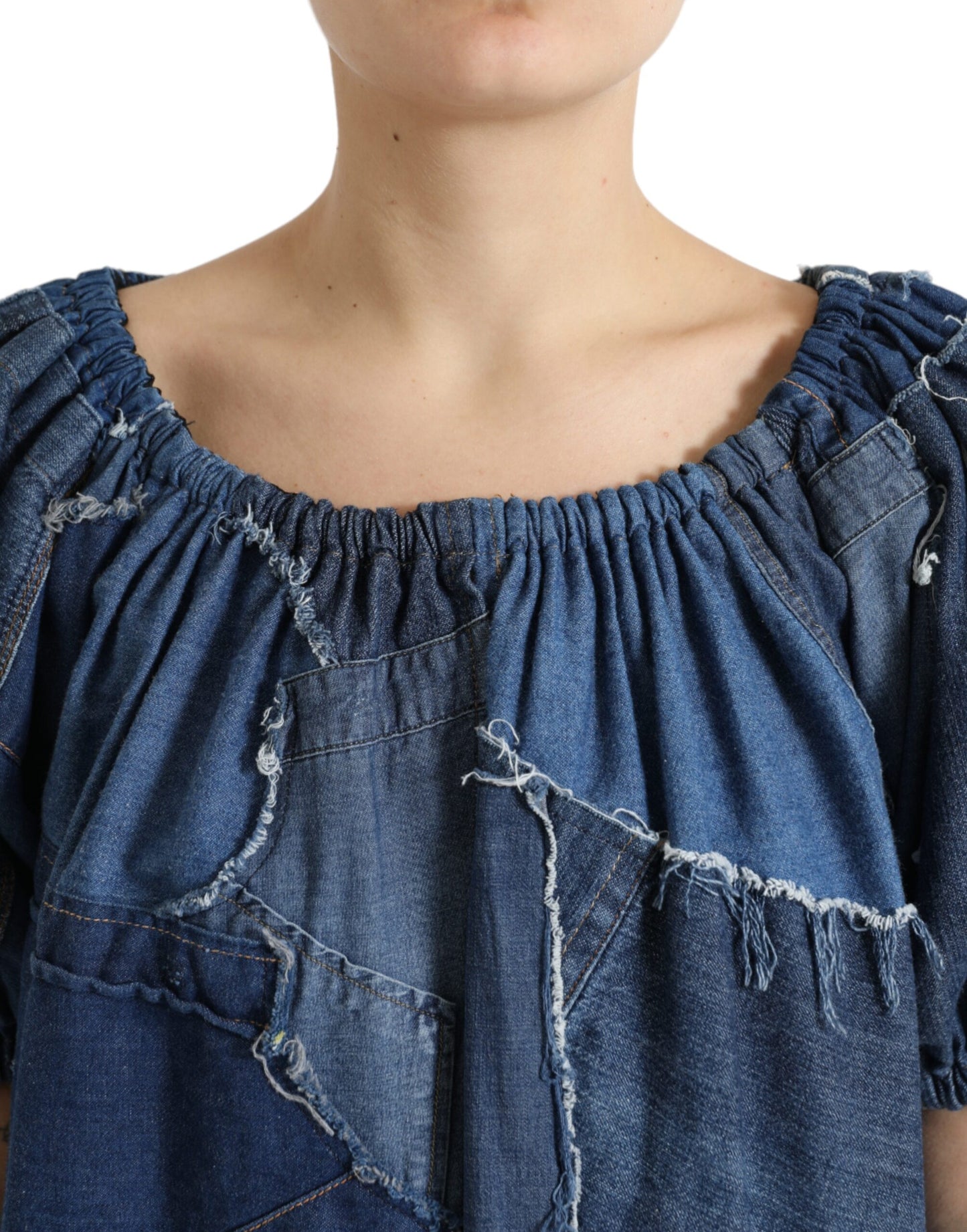 Blusa vaquera de manga corta con patchwork azul