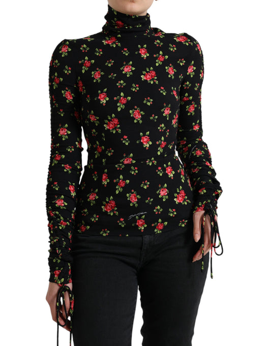 Blusa de cuello alto con estampado de rosas negras